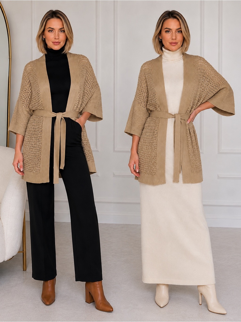 LC Lauren Conrad Open-Knit Belted Cardigan in Beige